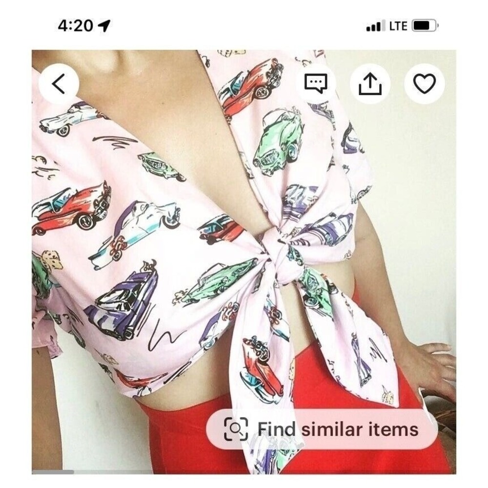 New Rockabilly Pin-up Girl Shirt Retro‎ 50's Cars Tie Crop Top L - Picture 2 of 4
